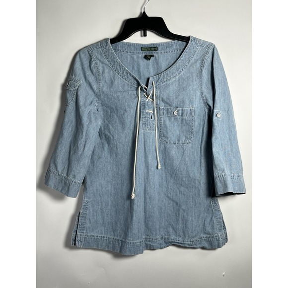 Lauren Jeans Co Ralph Lauren Chambray‎ Denim Lace Up Blouse, Size Small - Picture 1 of 10
